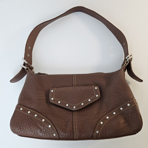 Fossil Shoulder Bag Brown Pebble Leather Studded Accents Y2k Vintage - Picture 1 of 16